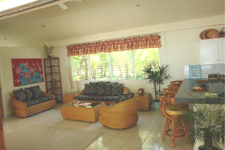 This is the living room, and part of the kitchen.