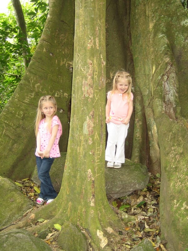 Emily and Marie next to a square tree