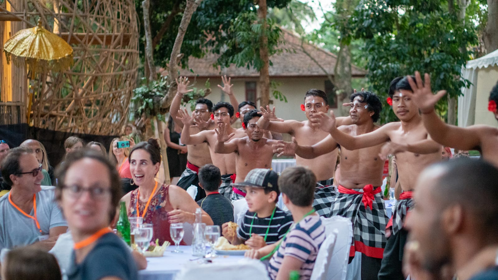 Balinese Kecak dancers performing right up to our tables at the Opening Social dinner party